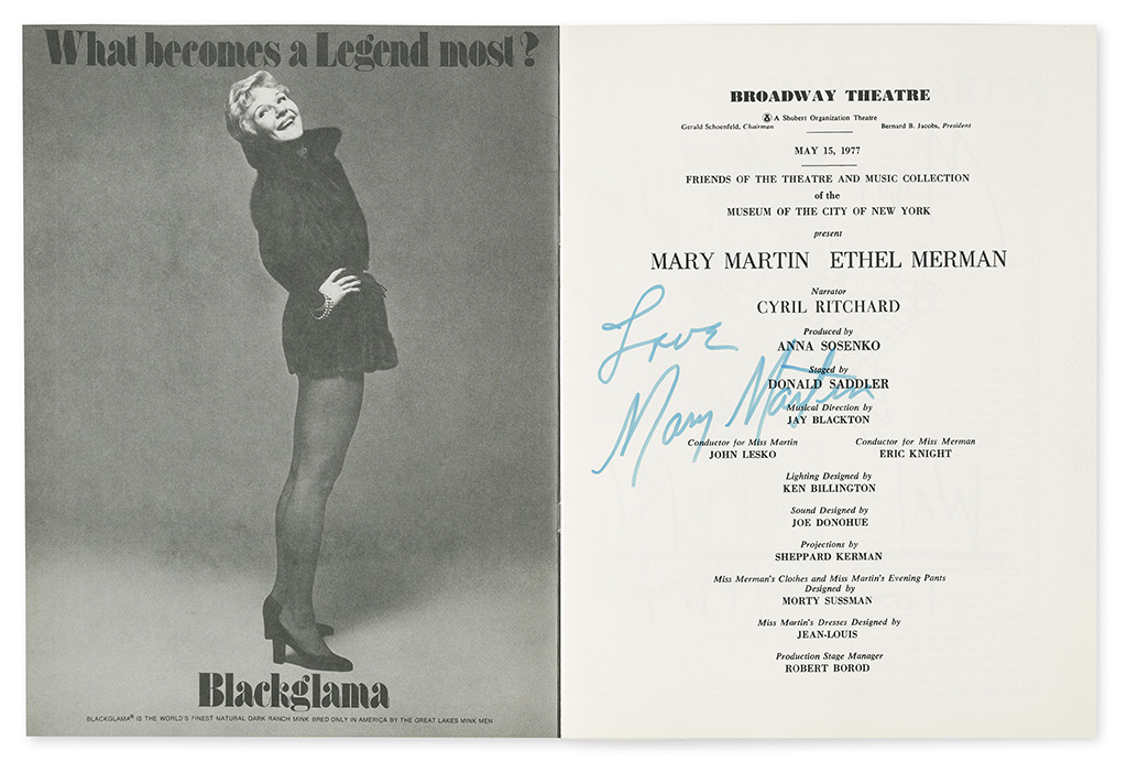 (ENTERTAINERS.) ETHEL MERMAN; AND MARY MARTIN. Program for Together on Broadway, Signed on title-pages.